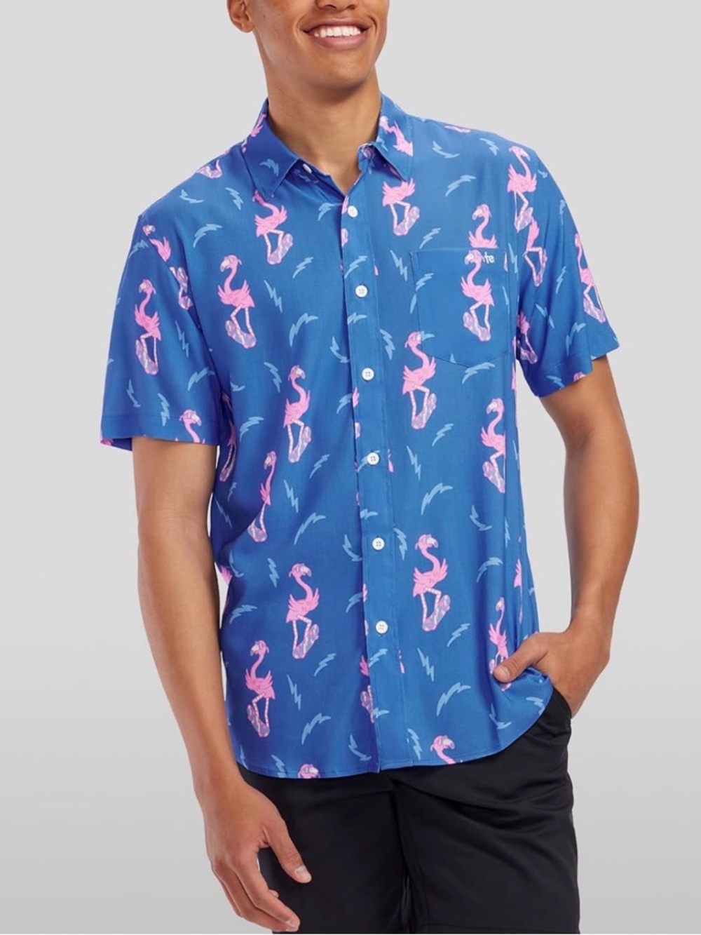 Tipsy Elves Blue Short-Sleeve Flamingo Button-Down Shirt